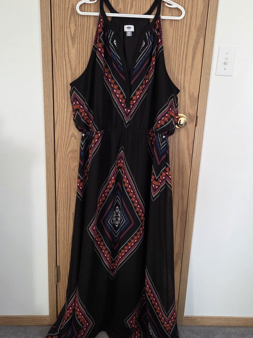 Old Navy Black Maxi Dress with Multicolor Geometric Diamond Print